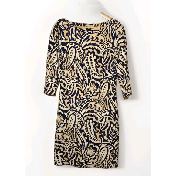 J. McLaughlin Imogen Sheath Dress, Size Small Knee Length Blue Cream Resort Wear - Picture 1 of 7